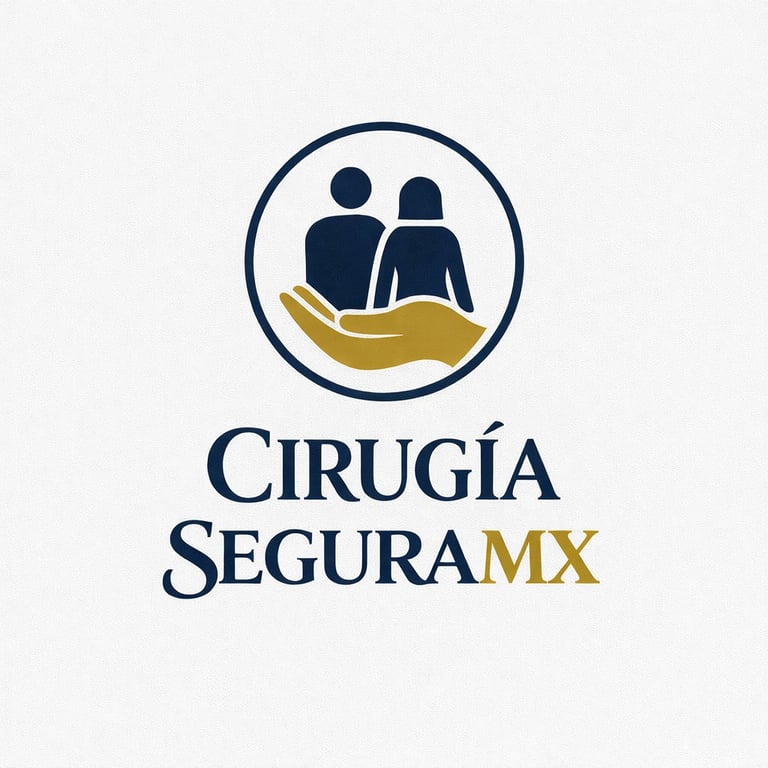 Cirugia Segura MX logo featuring two figures under a protective hand inside a circle