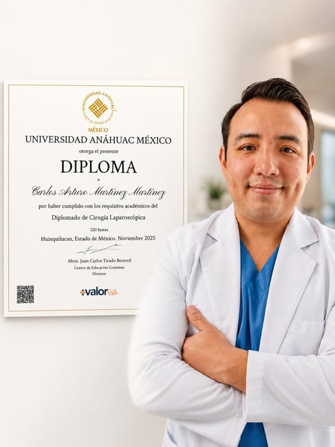 Male physician in white lab coat standing next to his diploma from Universidad Anahuac Mexico