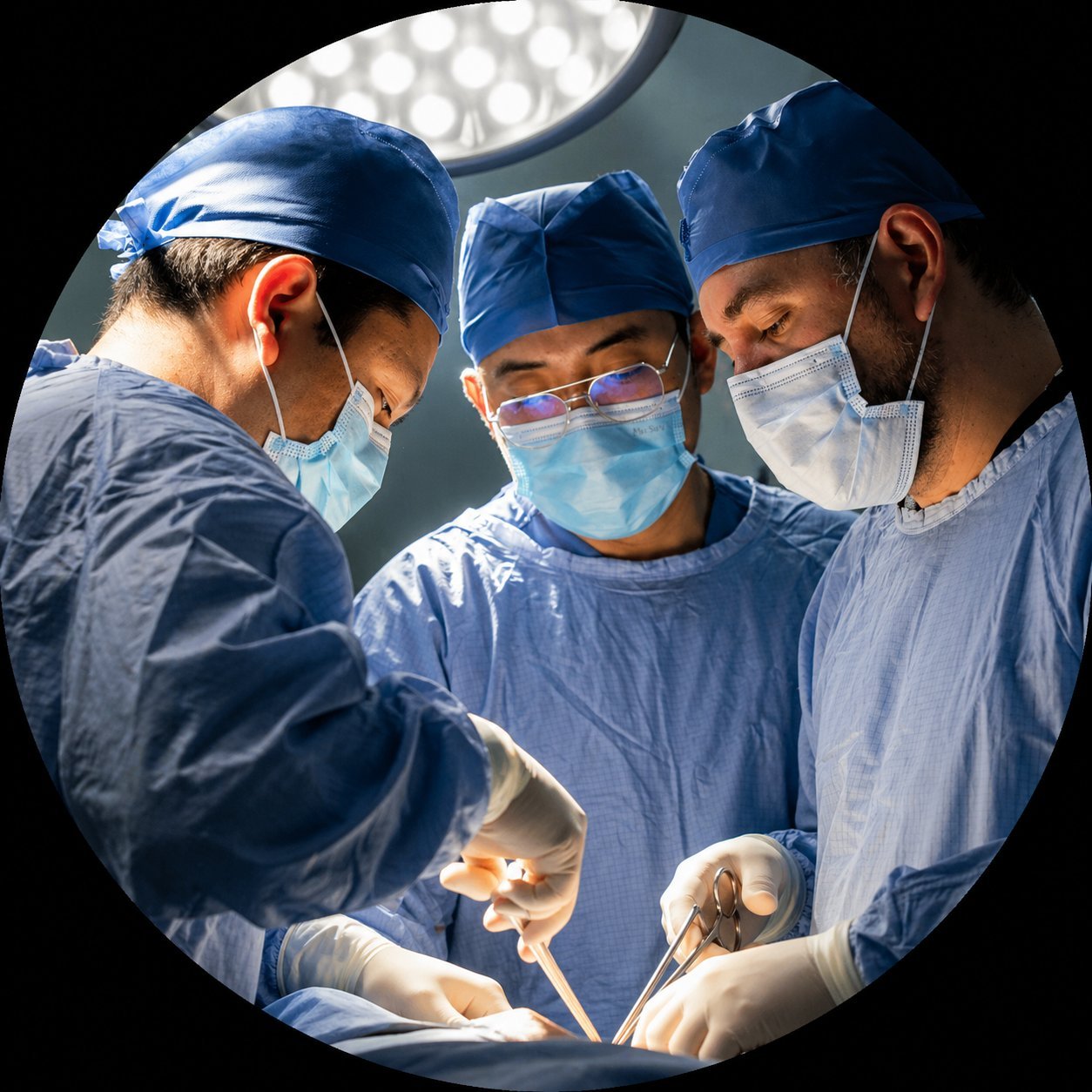Four surgeons in blue scrubs and masks performing surgery under bright operating room lights, viewed from below looking up at their faces