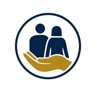 Icon showing two people supported by an open hand, representing care and protection in a circular frame