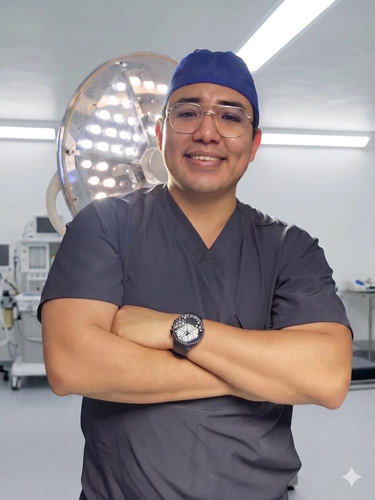 Male healthcare professional in scrubs and blue surgical cap smiling with arms crossed in medical operating room