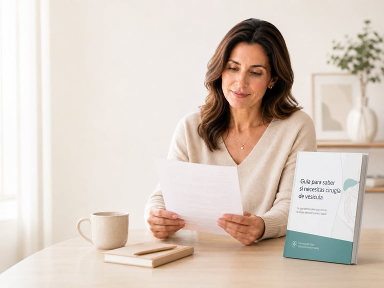 Woman sitting at desk reviewing documents, with coffee mug and book visible in a bright, minimalist workspace.